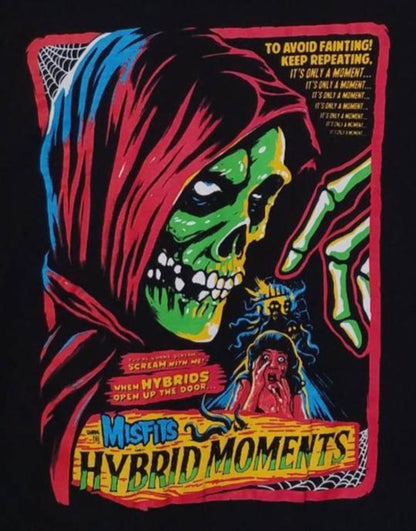 Black Misfits t-shirt featuring colorful horror-style “Hybrid Moments” artwork – Unisex Silkscreen