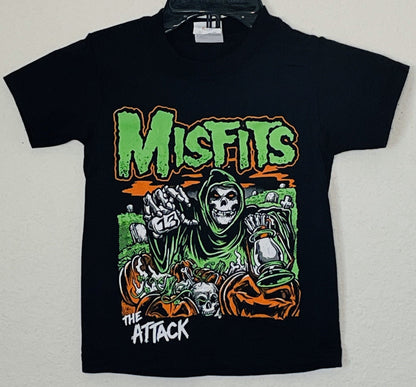 Misfits The Attack Youth T-Shirt – Unisex, featuring iconic punk rock graphics. Celebrating the collaboration between The Misfits, pioneers of horror-punk, and The Attack. Available in sizes XS-XL.