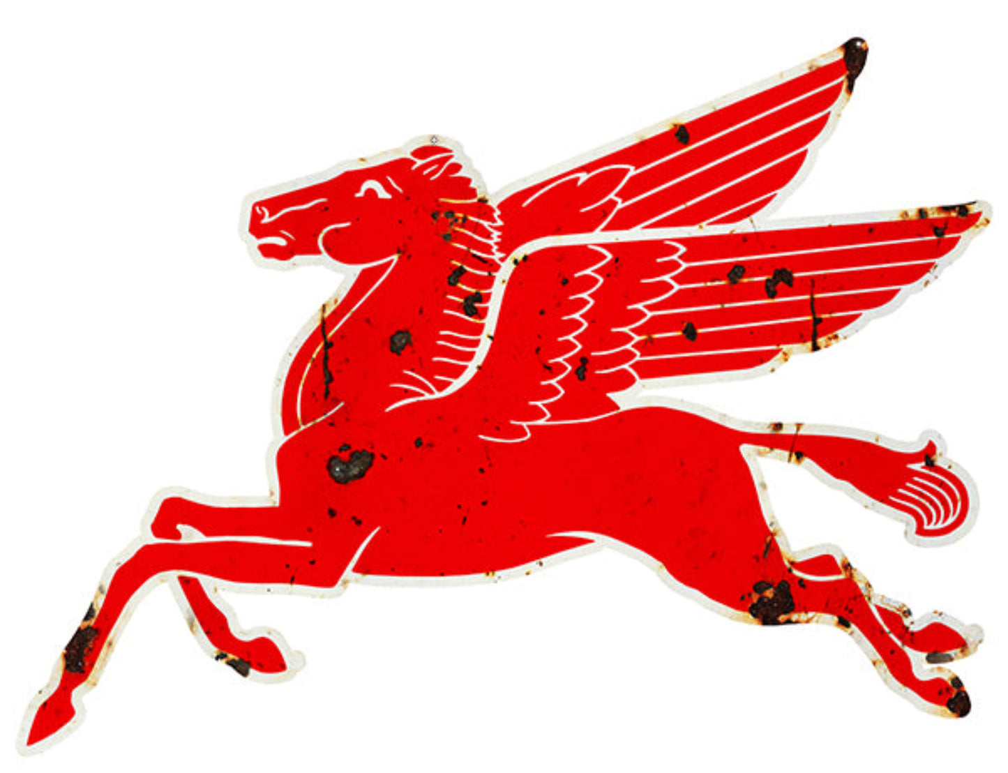 Mobil Pegasus laser cut steel gas & oil sign available in Clean or Aged finishes with 14"W × 19"H and 35.5"W × 25.75"H size options.