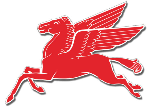 Mobil Pegasus laser cut steel gas & oil sign available in Clean or Aged finishes with 14"W × 19"H and 35.5"W × 25.75"H size options.
