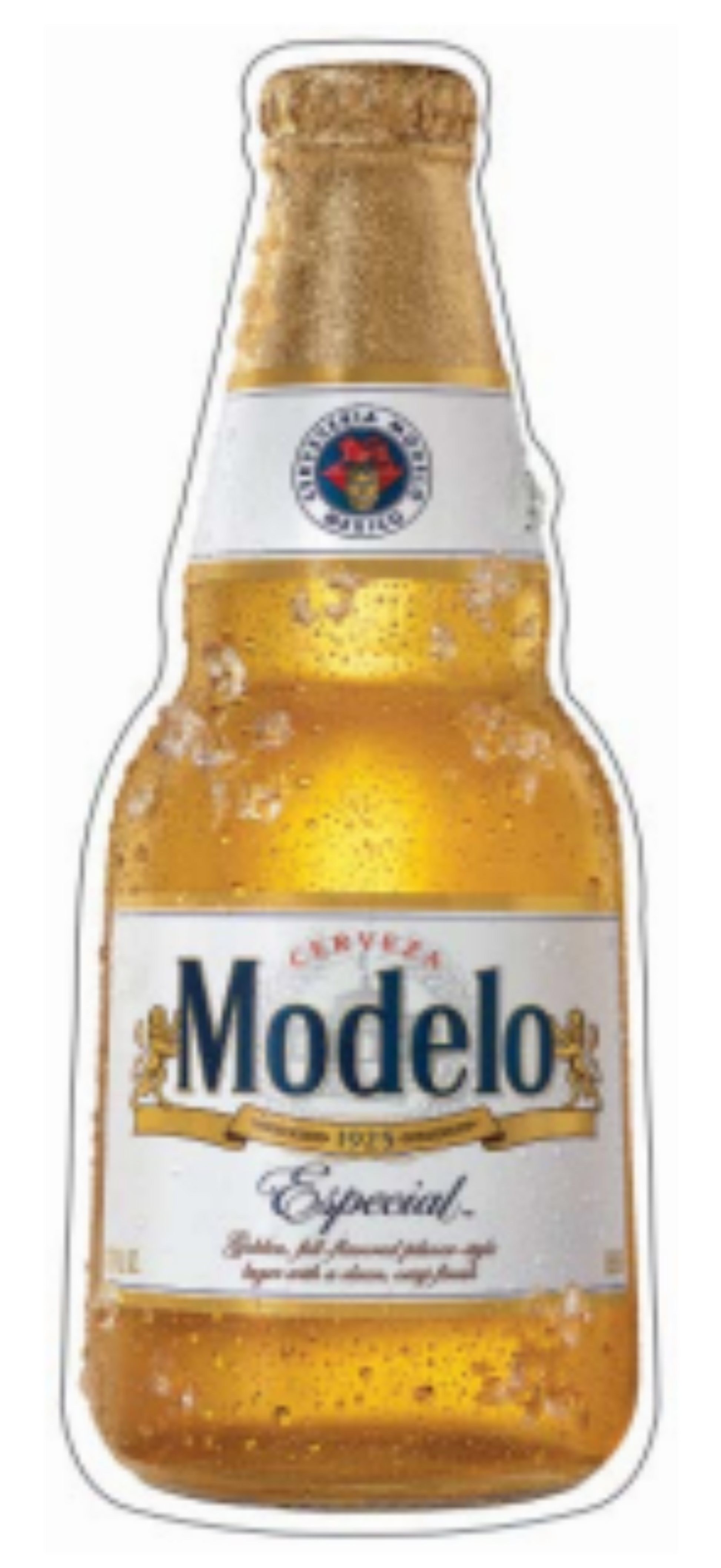 Officially licensed Modelo Bottle shaped and embossed metal sign in gold with green, red, and white accents, heavy-gauge .35mm iron beer wall décor, 25.37 inch by 9.85 inch sign