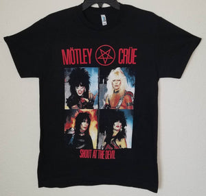 Mötley Crüe Shout At The Devil Unisex T-Shirt featuring bold album artwork on a black background. Available in sizes Small to 2XL.







