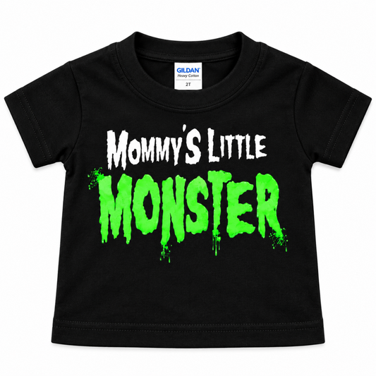 Mommy's Little Monster black infant graphic T-shirt with bright green dripping lettering, available in sizes 6M-24M.