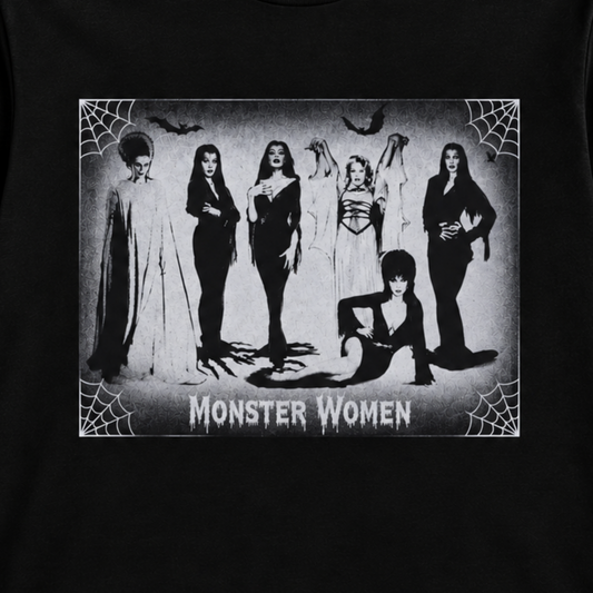 Close-up of the Monster Women of Horror – Fright Queens shirt showing the black-and-white character lineup with spiderwebs, bats and distressed details.