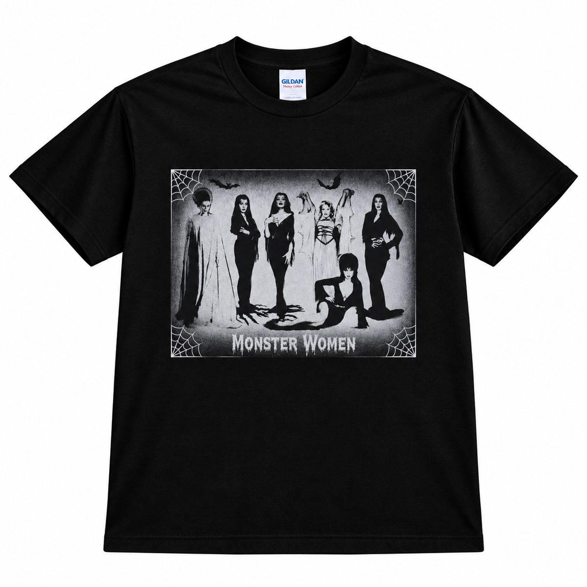 Black Monster Women of Horror – Fright Queens T-shirt featuring Bride of Frankenstein, Morticia Addams, Vampira, Lily Munster and Elvira.