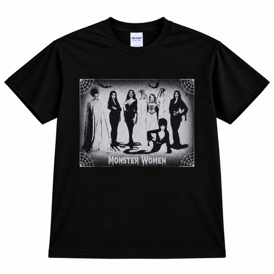 Black Monster Women of Horror – Fright Queens T-shirt featuring Bride of Frankenstein, Morticia Addams, Vampira, Lily Munster and Elvira.