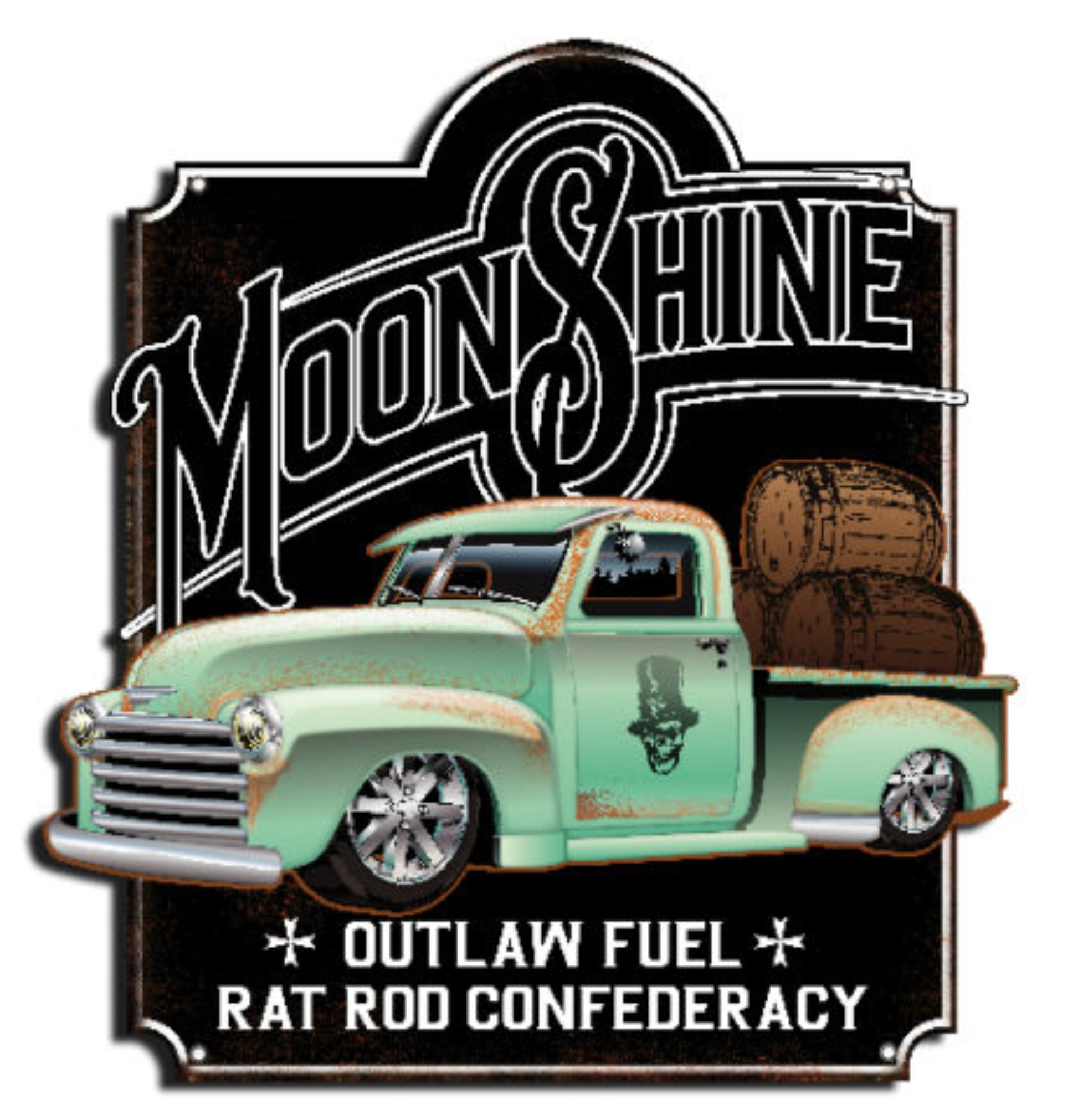 Moonshine Outlaw Fuel rat rod metal sign by Bernard Oliver featuring vintage Chevrolet pickup artwork, 16″H × 12″W aluminum.