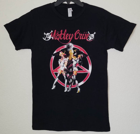 Front view of Mötley Crüe Dr Feelgood graphic T-shirt featuring pentagram design and bold album artwork on black tee