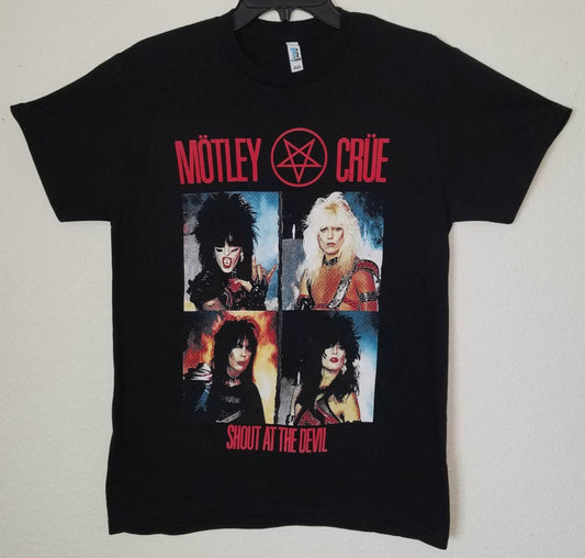 Front view of Mötley Crüe Shout at the Devil graphic T-shirt featuring band members and pentagram logo on black tee