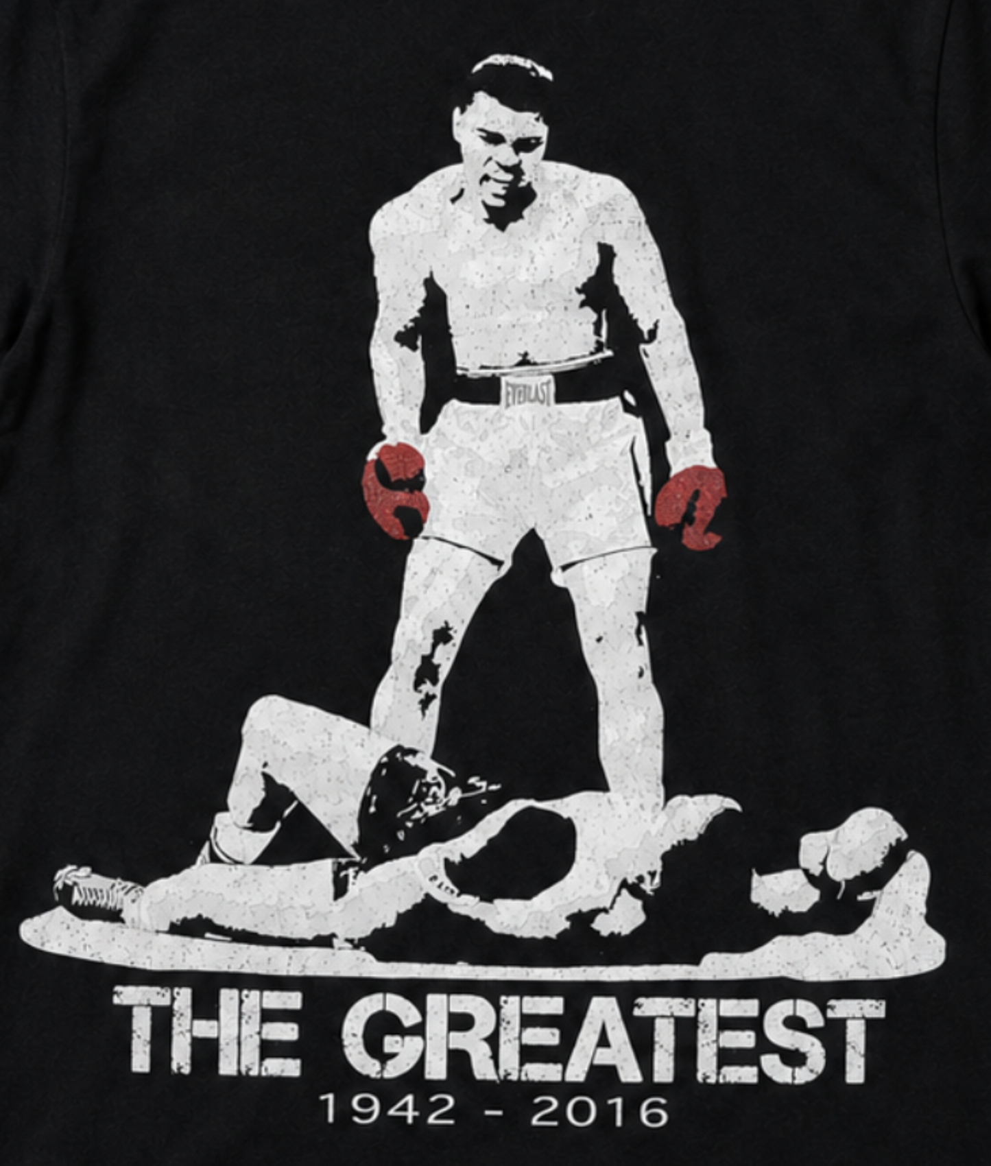 Muhammad Ali The Greatest graphic T-shirt showing knockout over Sonny Liston with red gloves unisex sizes S–3XL