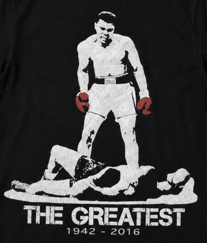 Muhammad Ali The Greatest graphic T-shirt showing knockout over Sonny Liston with red gloves unisex sizes S–3XL