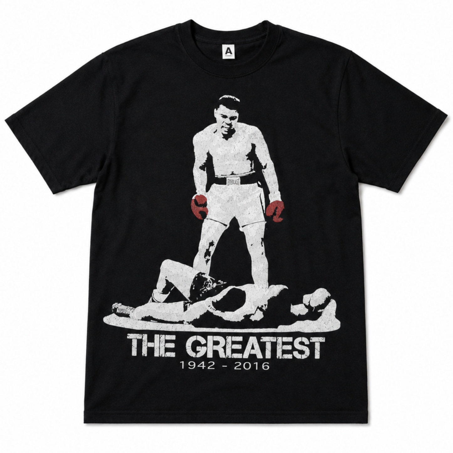 Muhammad Ali The Greatest graphic T-shirt showing knockout over Sonny Liston with red gloves unisex sizes S–3XL