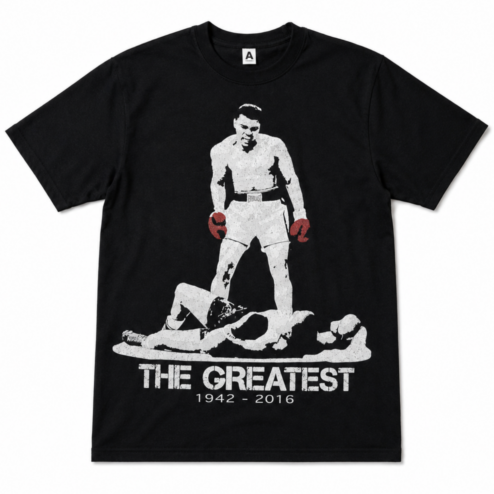 Muhammad Ali The Greatest graphic T-shirt showing knockout over Sonny Liston with red gloves unisex sizes S–3XL
