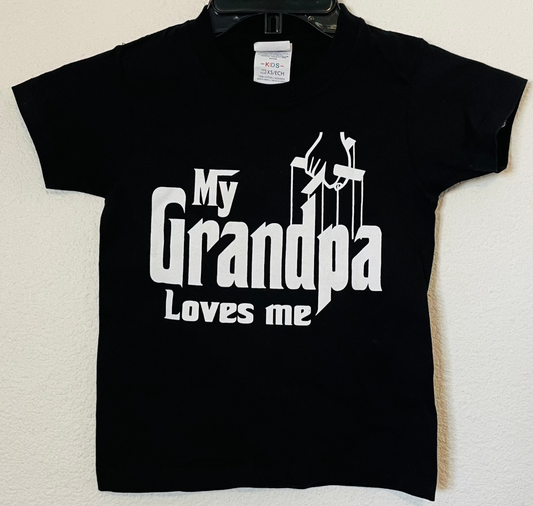 Youth-sized t-shirt featuring a 'My Grandpa Loves Me' design with a Godfather-themed graphic. . Available in sizes XS-XL.
