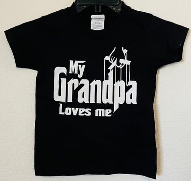 Youth-sized t-shirt featuring a 'My Grandpa Loves Me' design with a Godfather-themed graphic. . Available in sizes XS-XL.