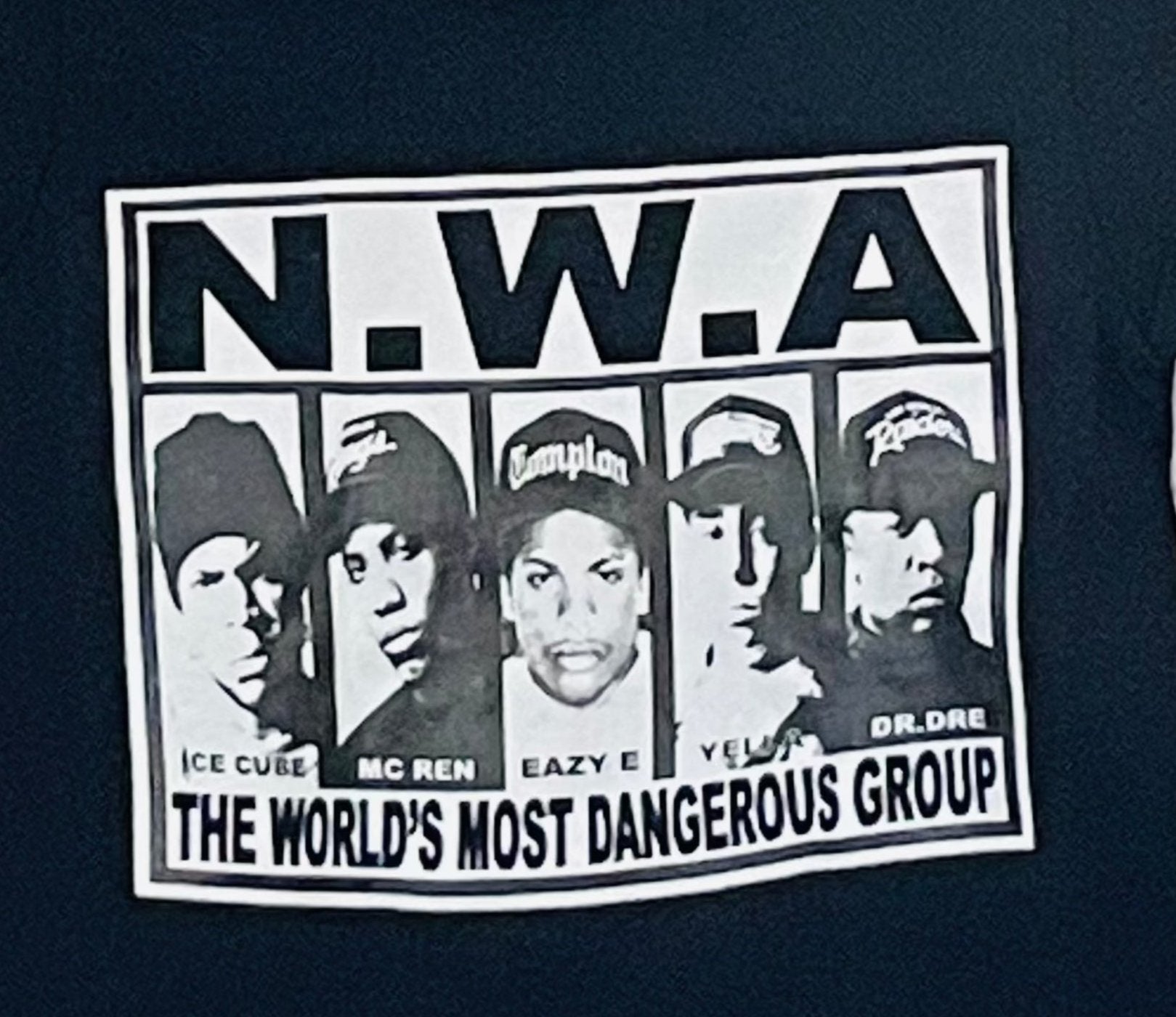 Youth 'N.W.A. The World's Most Dangerous Group' Rap Legend Silkscreen T-Shirt, Bold Graphic Design. Available in XS-XL.