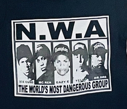 Youth 'N.W.A. The World's Most Dangerous Group' Rap Legend Silkscreen T-Shirt, Bold Graphic Design. Available in XS-XL.
