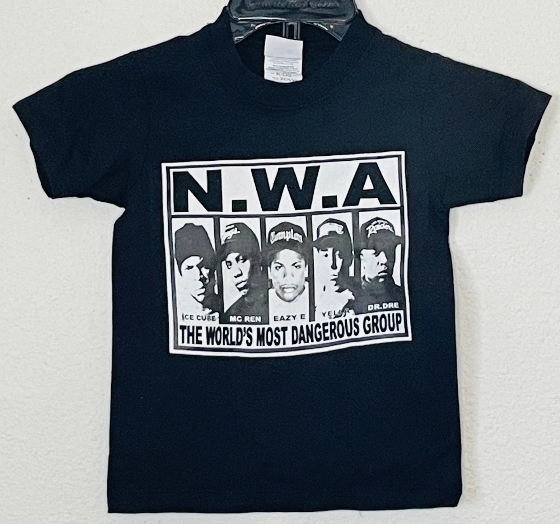 Youth 'N.W.A. The World's Most Dangerous Group' Rap Legend Silkscreen T-Shirt, Bold Graphic Design. Available in XS-XL.