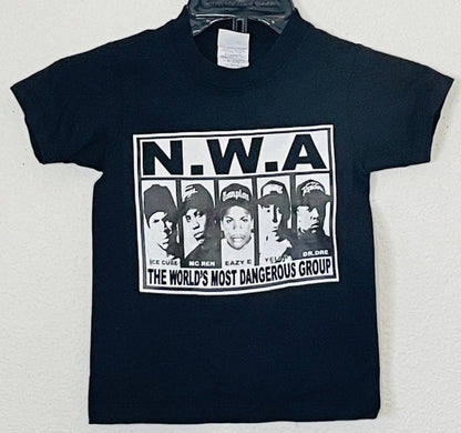 Youth 'N.W.A. The World's Most Dangerous Group' Rap Legend Silkscreen T-Shirt, Bold Graphic Design. Available in XS-XL.