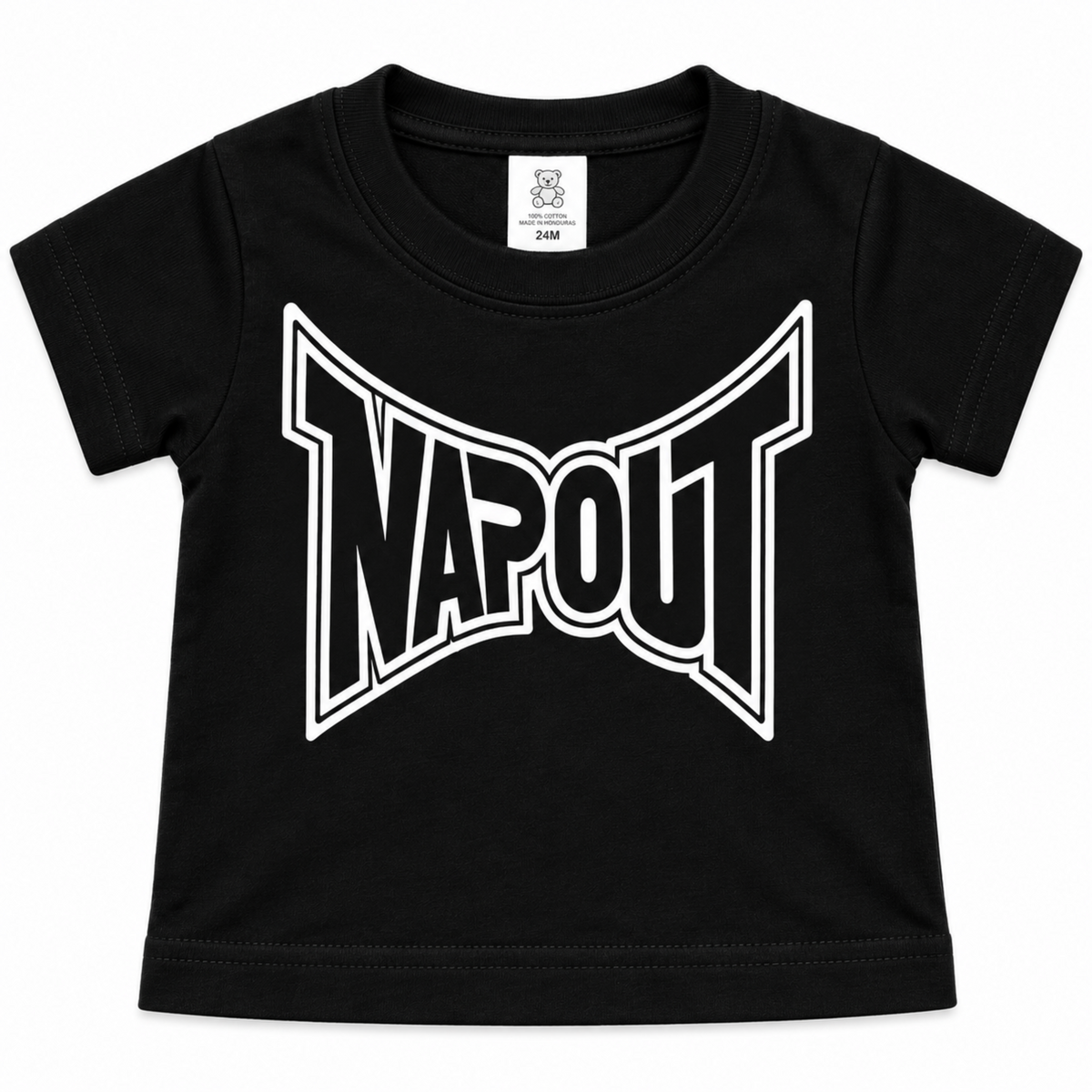Napout funny black infant graphic T-shirt with bold outlined black-and-white Napout design, available in sizes 6M-24M.
