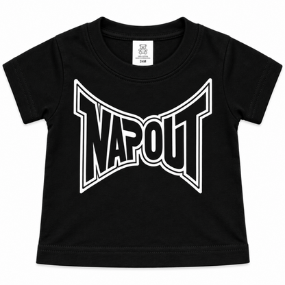 Napout funny black infant graphic T-shirt with bold outlined black-and-white Napout design, available in sizes 6M-24M.