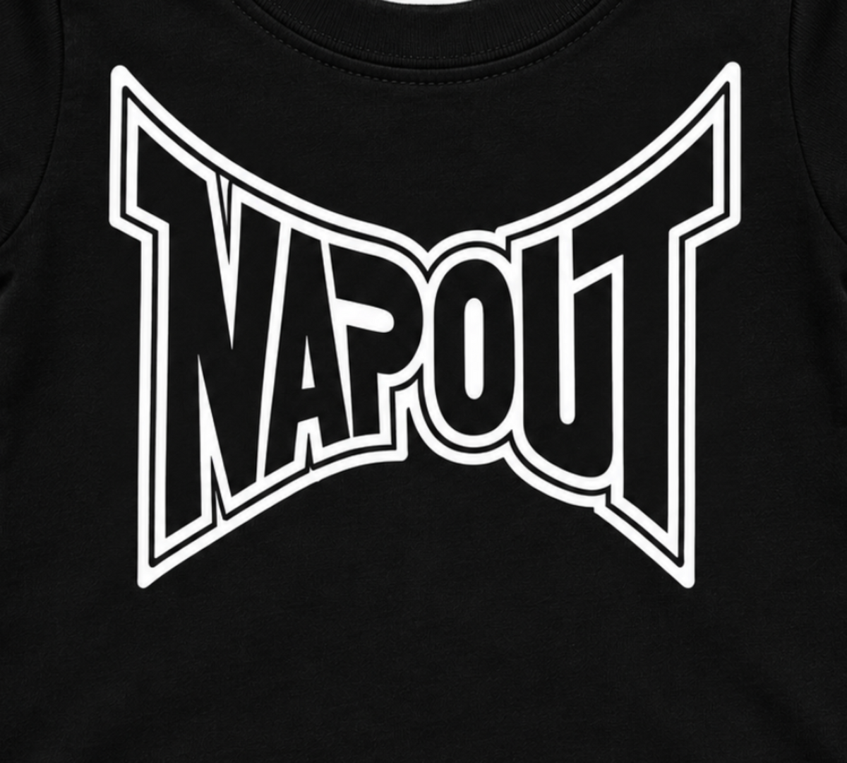 Close-up of the black-and-white Napout parody design printed on the black infant graphic T-shirt.