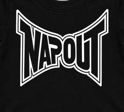 Close-up of the black-and-white Napout parody design printed on the black infant graphic T-shirt.