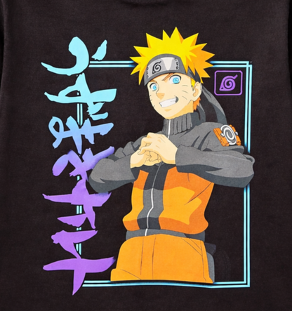 Close-up of the Naruto Uzumaki Ninja Hand Sign T-shirt showing Naruto in his Shippuden outfit with Hidden Leaf headband and colorful anime artwork.