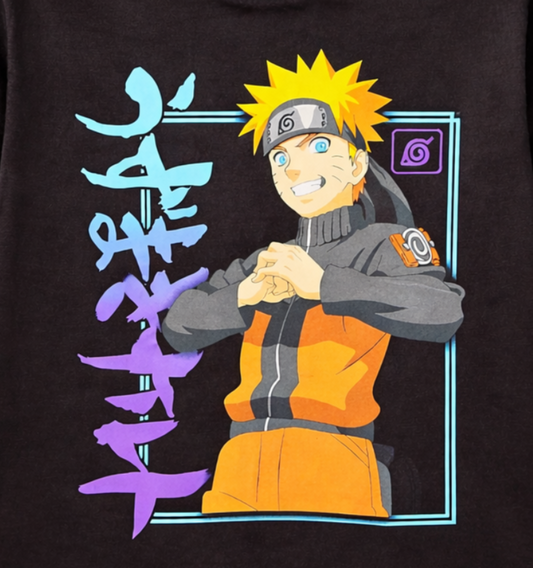 Close-up of the Naruto Uzumaki Ninja Hand Sign T-shirt showing Naruto in his Shippuden outfit with Hidden Leaf headband and colorful anime artwork.
