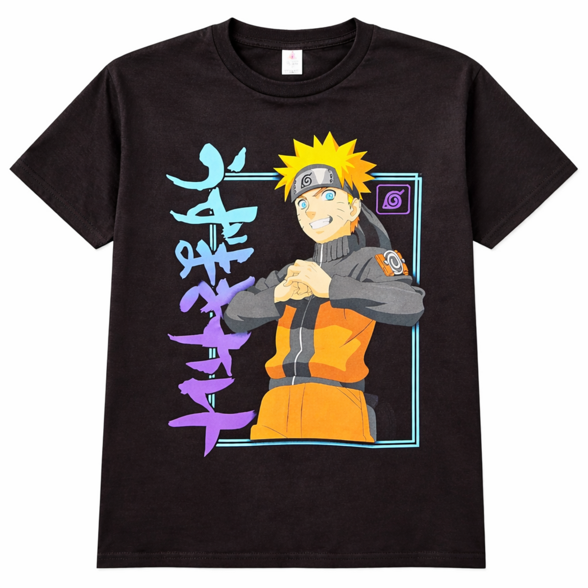 Black Naruto Shippuden graphic T-shirt featuring Naruto Uzumaki making a ninja hand sign in his orange-and-black outfit with colorful lettering.