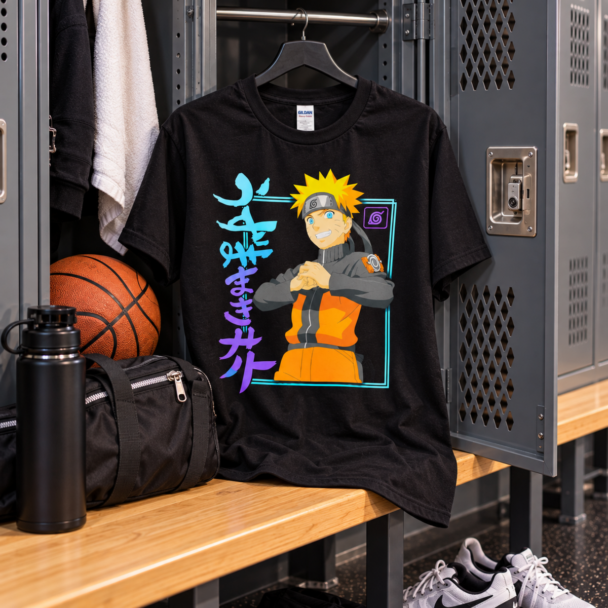 Naruto Uzumaki Ninja Hand Sign black T-shirt displayed with sports gear in a locker room, featuring Naruto in his orange-and-black Shippuden outfit.