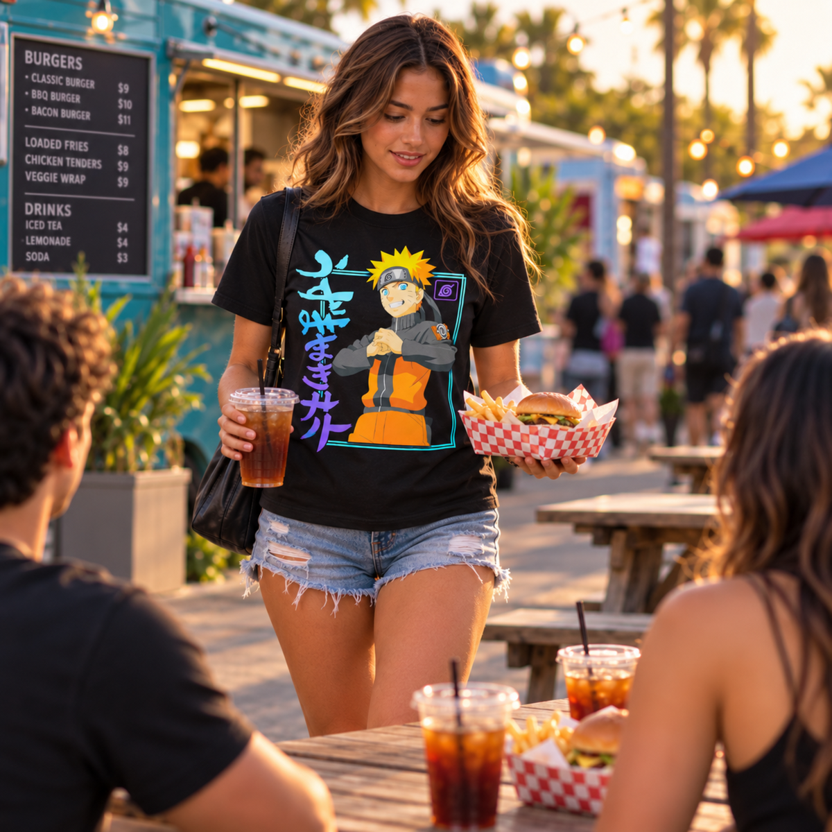 Woman wearing the Naruto Uzumaki Ninja Hand Sign black T-shirt while ordering at a food truck, featuring Naruto in his colorful Shippuden design.