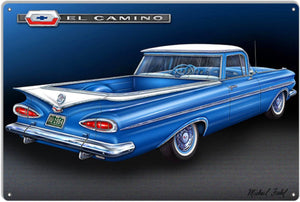 New ’1959 Blue El Camino’ Metal Sign By Artist Michael Fishel 12’’H × 18’’W In Diameter. - Aluminum Signs
