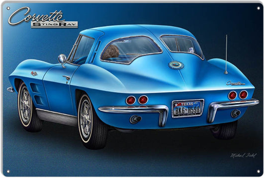 New ’1963 Blue Corvette Stingray’ 2nd Generation C2 Sign By Artist Michael Fishel 12’’H × 18’’W In Diameter. - Aluminum