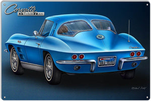 New ’1963 Blue Corvette Stingray’ 2nd Generation C2 Sign By Artist Michael Fishel 12’’H × 18’’W In Diameter. - Aluminum