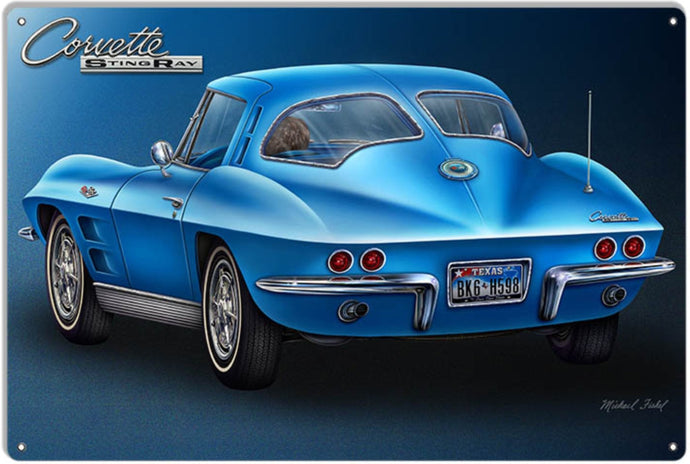 New ’1963 Blue Corvette Stingray’ 2nd Generation C2 Sign By Artist Michael Fishel 12’’H × 18’’W In Diameter. - Aluminum
