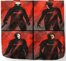 Load image into Gallery viewer, new 4 square red horror collage canvas tote bags image is printed on both sides handbag freddy krueger jason voorhees michael myers leatherface
