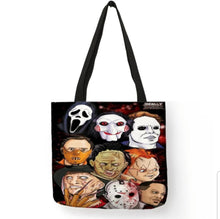 Load image into Gallery viewer, New 9 Guy Cartoon Collage Canvas Tote Bags Ghostface Jigsaw Michael Myers Hannibal Lecter Leatherface Chucky Freddy Krueger Jason Voorhees And Candyman
