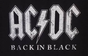 New AC/DC Distressed Back In Black Logo Unisex Silkscreen T-Shirt. Available From Small-2XL. hard rock classic rock apparel