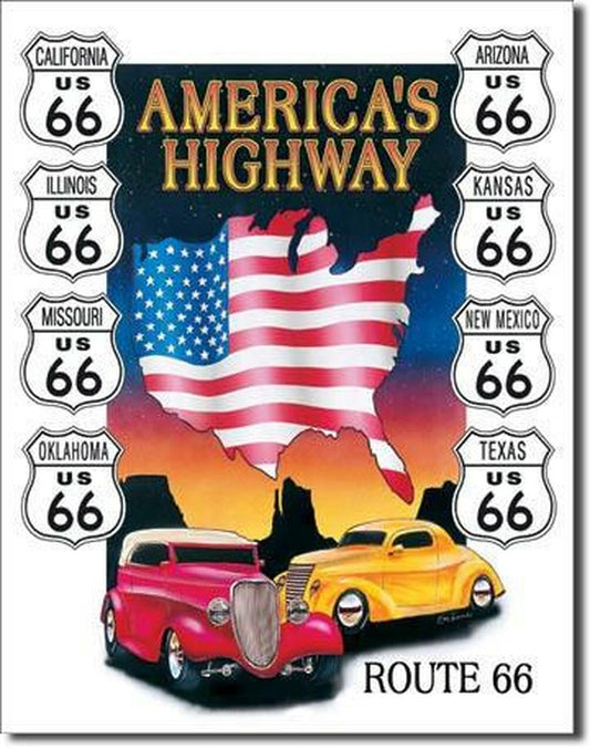 New ’America’s Highway Route 66’’ Man Cave Wall Art Metal Sign 12.5’’W x 16’’H. - Metal Sign