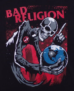 New ’Bad Religion - Skeleton Holding Earth’ Unisex Silkscreen T-Shirt. Available From Small-2XL. - Men’s Short Sleeve