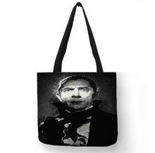 Load image into Gallery viewer, new black white dracula canvas tote bags image is printed on both sides woman vintage hollywood horror
