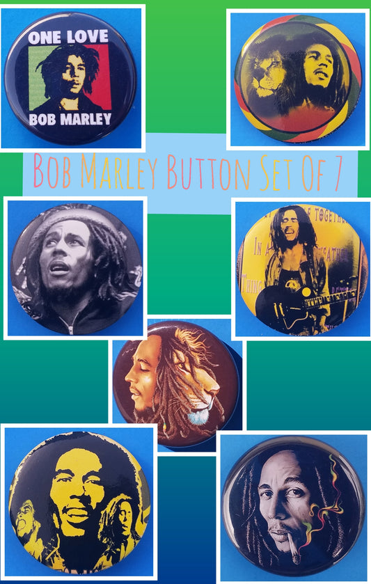 new bob marley button set of 7 fashion buttons are 1.25 and 1.50 inches in size set includes Bob Marley black n white half bob half lion bob marley one love rasta smoke bob marley with guitar bob marley with lion side by side yellow 3 faces reggae music