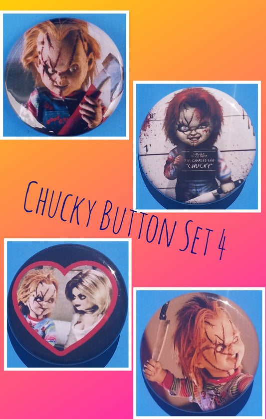 new chucky button set of 4 fashion buttons are 1.25 inches in size Set Includes Chucky & Tiffany In Heart Mugshot Throwing Knife Chucky With Axe horror movies