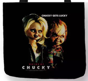 new chucky tiffany chucky gets lucky canvas tote bags image is printed on both sides unisex movies horror apparel accessories handbags