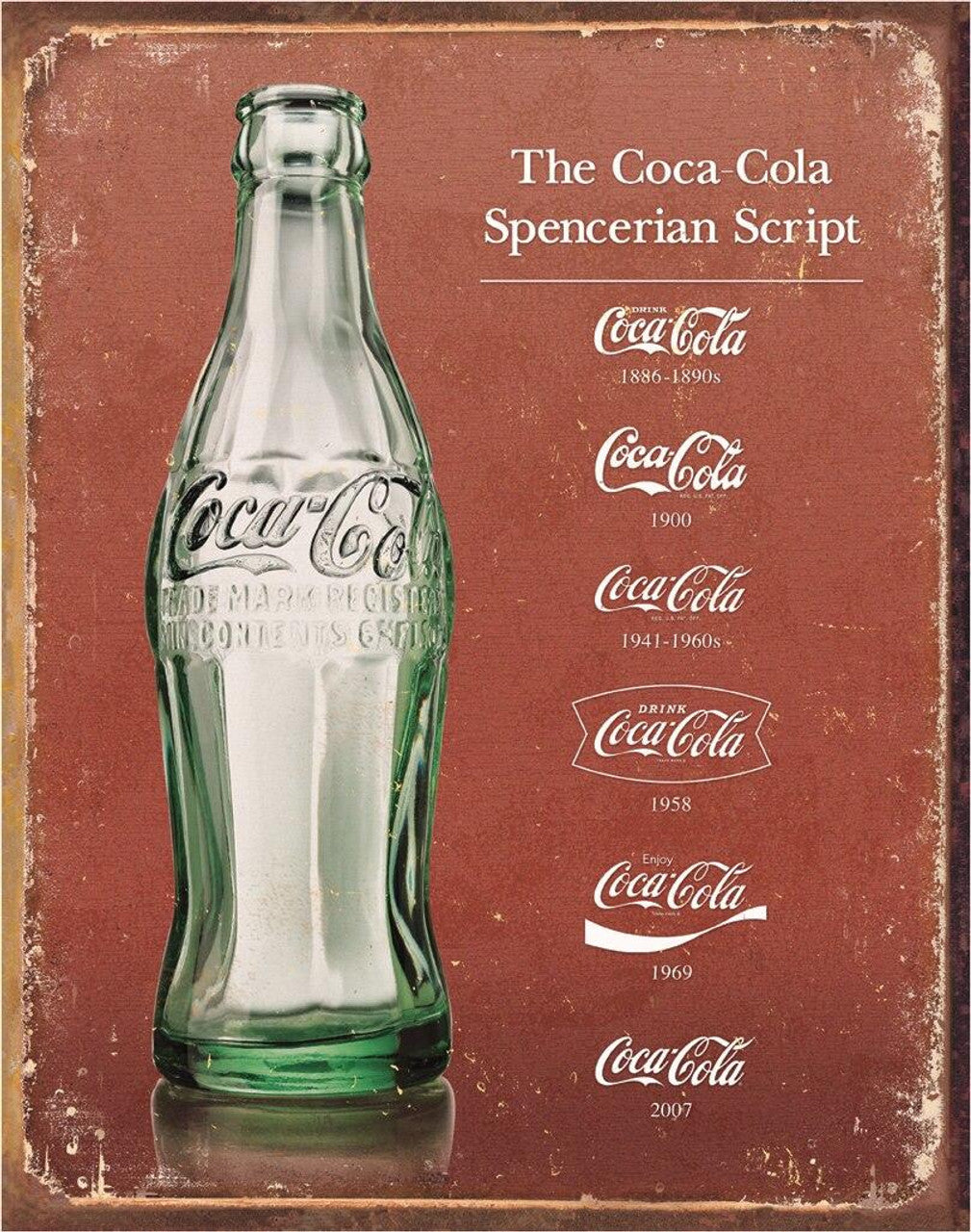 new coca cola spencerian script history nostalgia distressed metal sign 12.5width x 16height vintage wall decor novelty drinks sodas