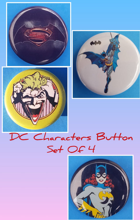 new dc characters button set of 4 fashion buttons are 1.25 inches in size Set Includes Batman 60s Cartoon Swinging Batman Superman Combined Logos Vintage Cartoon Joker Batwoman comics tv collection pinback