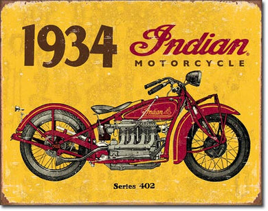 new distressed 1934 indian motorcyle series 402 man cave wall art classic metal sign 16width x 12.5height vintage wall decor transportation motorcycle indian motorcycle