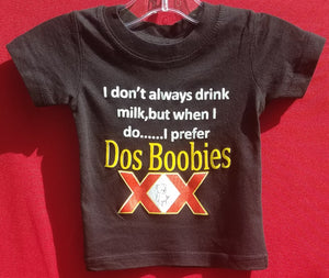 new dos boobies infant silkscreen novelty t-shirt available in 6 12 18 24 months unisex mexican style kids infant girl funny boys apparel tops toddler