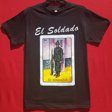 Load image into Gallery viewer, new el soldado mens silkscreen loteria card themed t-shirt available small-2xl mexican style men apparel adult shirts tops
